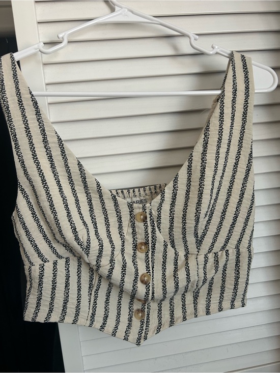 No Boundaries Tops - No Boundaries Cream and Black Striped Cropped Tank with Front Buttons